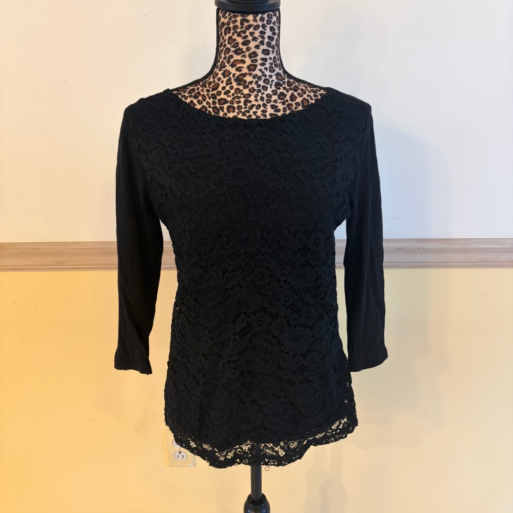 Ann Taylor‎ Factory Women Black Lace 3/4 Sleeve Boat Neck Top with lining Size S